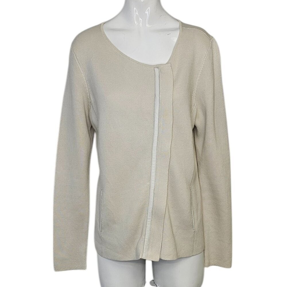 Eileen Fisher Ivory Silk, Cotton, Leather Asymmetrical Zip Up Sweater Size Small